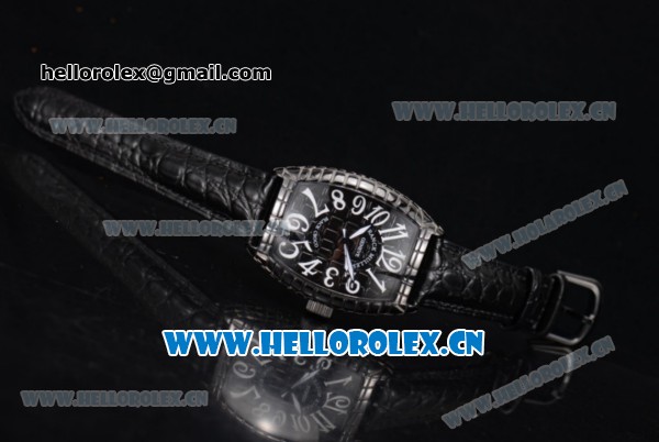 Franck Muller Black Croco Asia Automatic PVD Case with Black Dial and Arabic Numeral Markers Black Leather Strap - Click Image to Close
